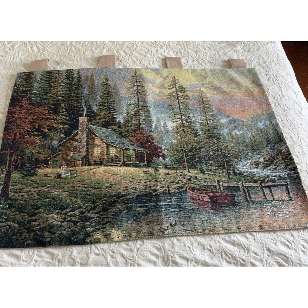 Thomas Kinkade Tapestry Wall Hanging Cabin Boat Duck Pier A Peaceful Retreat USA